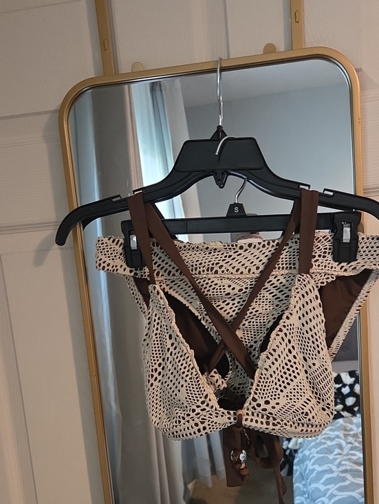 Lucky Brand Other - Lucky Brand Brown Bikini with Cream Crochet Overlay and Wooden Beads Details-M